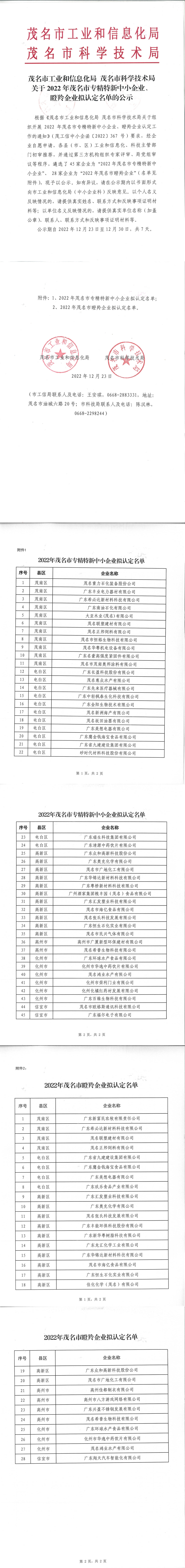 茂名市2022年專精特新中小企業(yè)、瞪羚企業(yè)擬認(rèn)定名單的公示