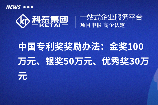 中國專利獎：金獎100萬元、銀獎50萬元、優(yōu)秀獎30萬元（省級）