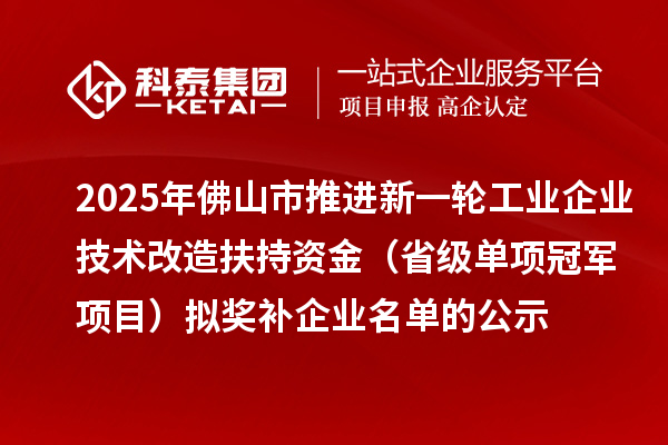 2025年佛山市推進新一輪工業(yè)企業(yè)技術改造扶持資金 （省級單項冠軍項目）擬獎補企業(yè)名單的公示